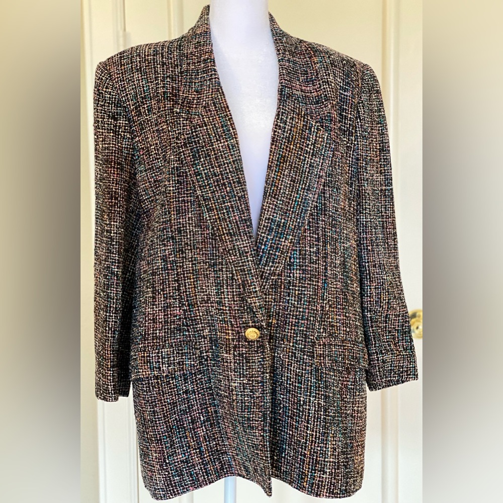 Wool Blazer Jacket by Taboh, Women’s Size Large black tweed multi color.